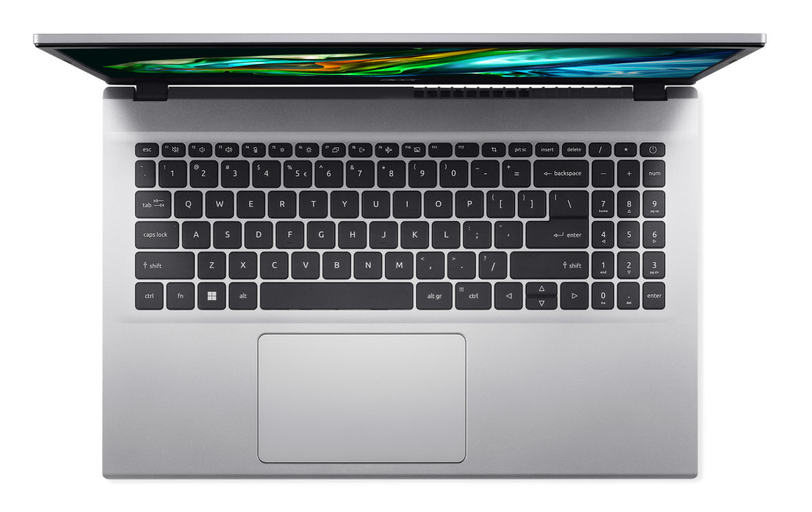 Klawiatura laptopa z góry, srebrny kolor, z czarnymi klawiszami.