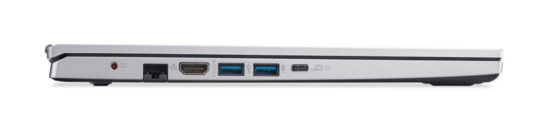 Widok z boku srebrnego laptopa z portami. Widoczne porty HDMI, USB i ładowania. Białe tło.