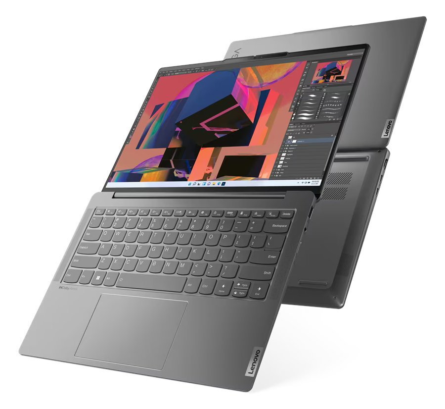 Szary laptop Lenovo, otwarty, z kolorowym designem na ekranie, na białym tle. Drugi laptop z tyłu.