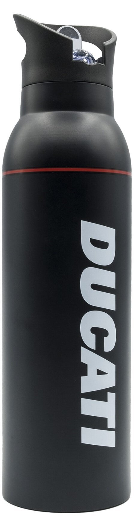 Czarna butelka na wodę z białym logo Ducati i czerwonym paskiem.