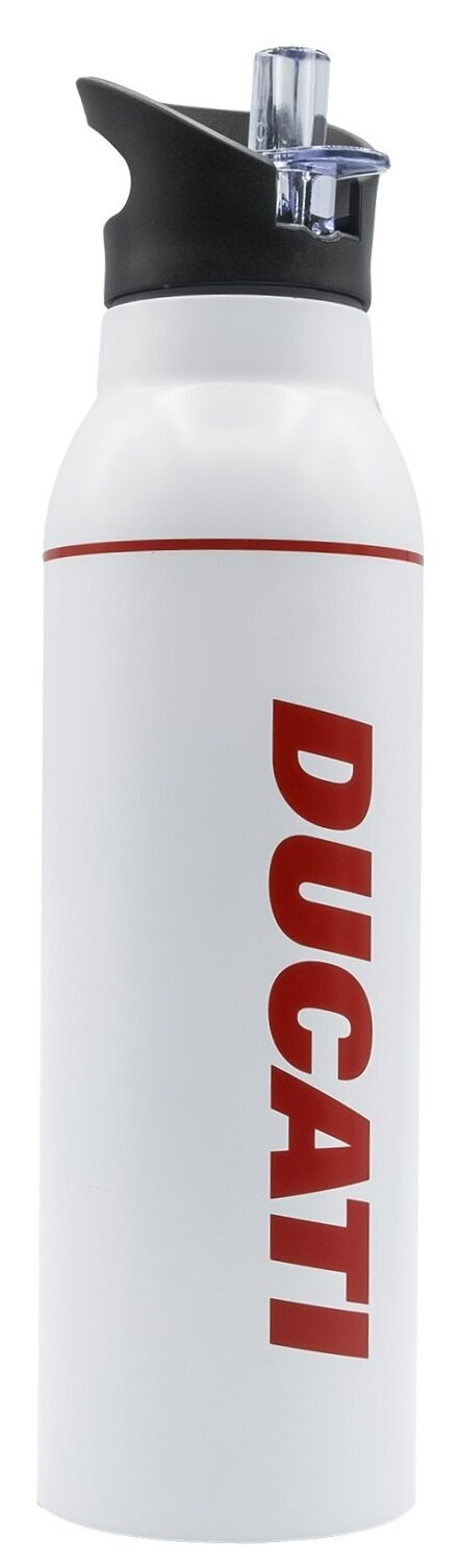 Biała butelka na wodę z czerwonym napisem DUCATI i czarną zakrętką.