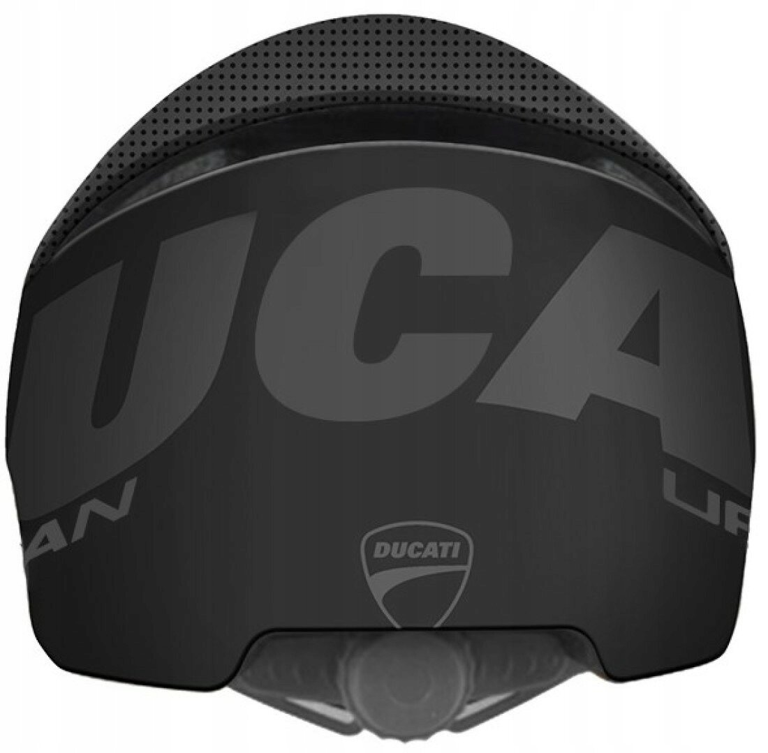 Czarny kask Ducati z logo Ducati z tyłu.