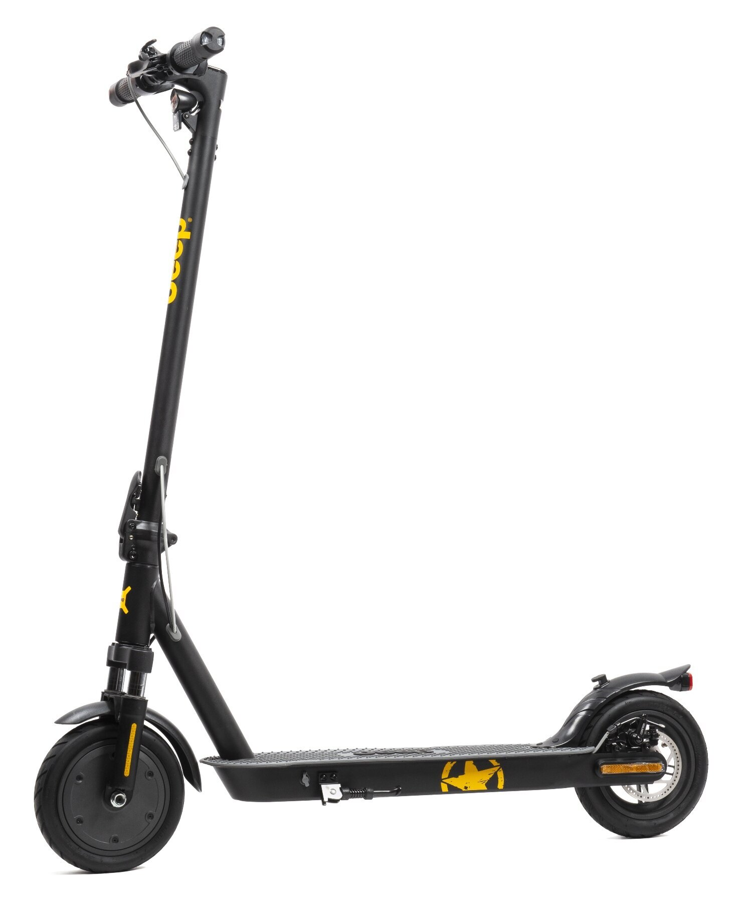 Czarna hulajnoga elektryczna z żółtymi akcentami. Posiada logo Batmana.