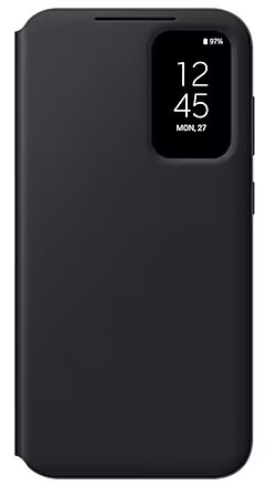 Czarne etui na telefon z wyświetlaczem pokazującym godzinę i baterię. Etui jest zamknięte.