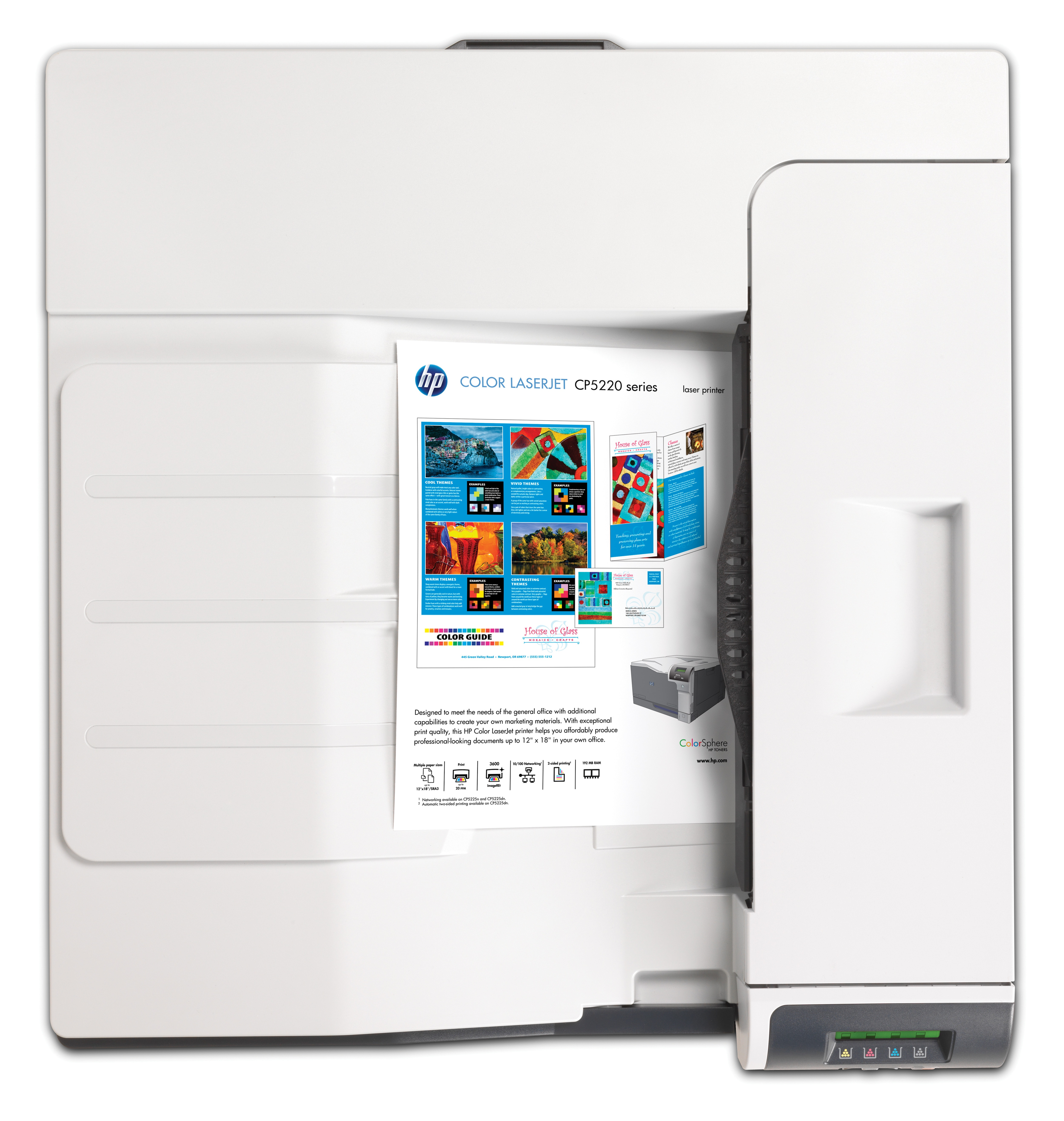Weißer HP Color LaserJet-Drucker mit Broschüre. Die Broschüre zeigt Farbführer und Druckbeispiele.