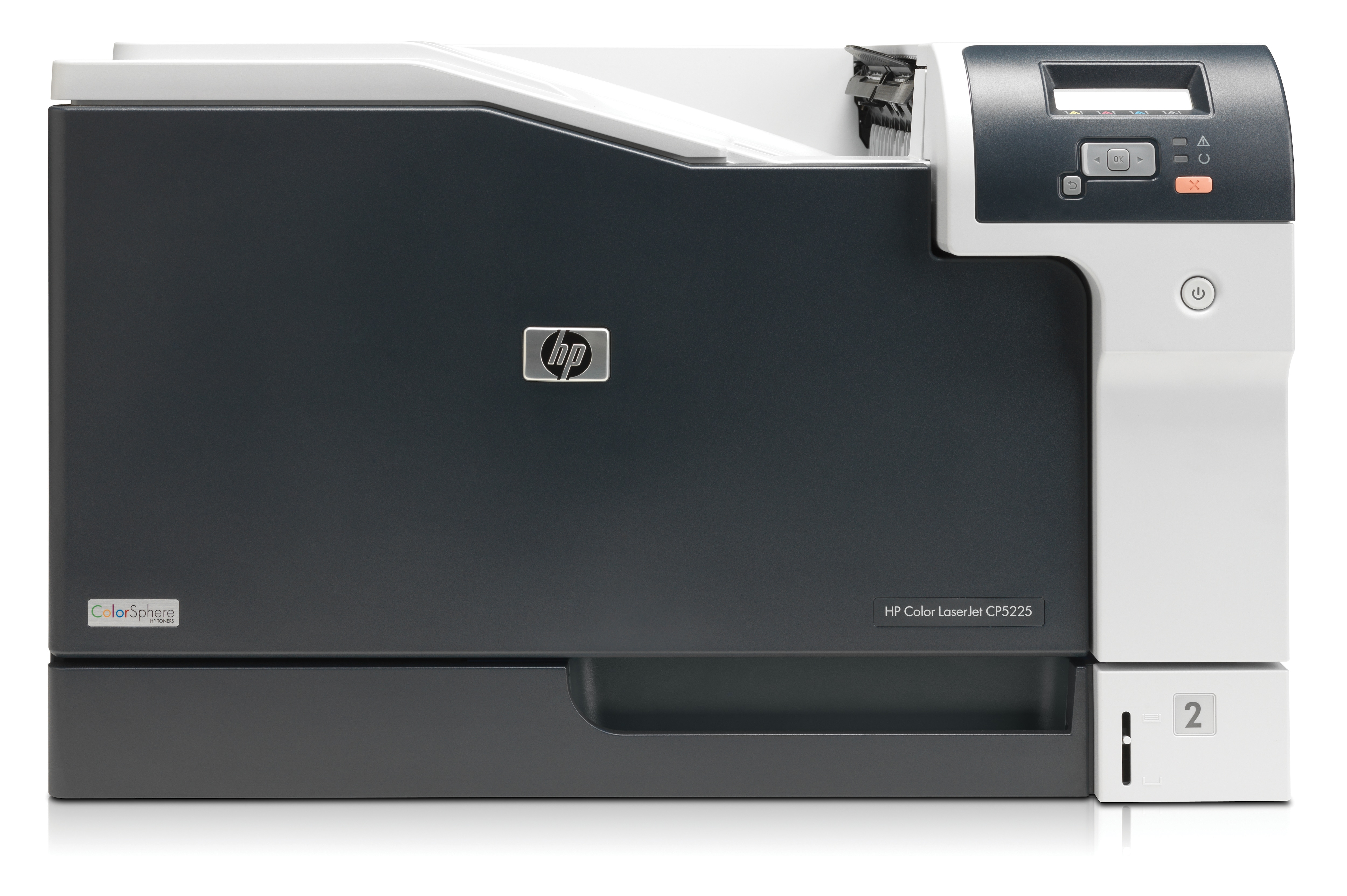 Ein HP Color LaserJet CP5225 Drucker. Er ist grau und weiß mit Steuertasten. Die Zahl 2 ist auf einem Fach sichtbar.