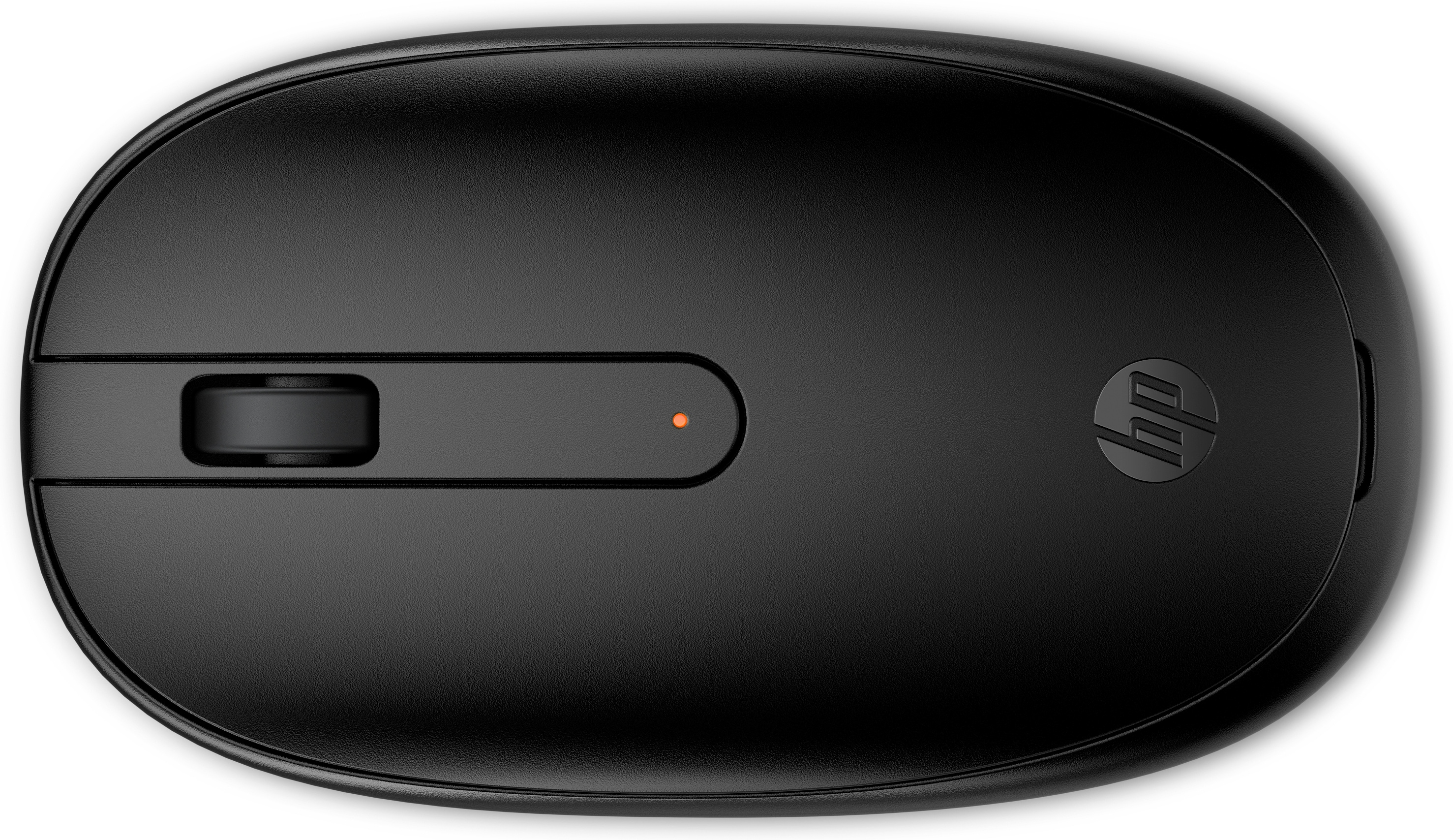 Vue de dessus d'une souris HP noire. Elle possède une molette de défilement, un voyant et le logo HP.