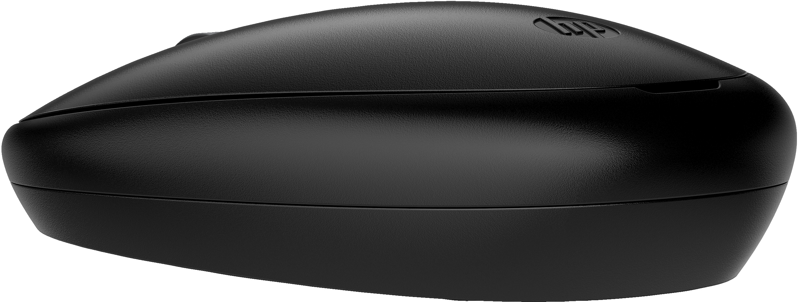 Souris sans fil noire avec un design légèrement incurvé.