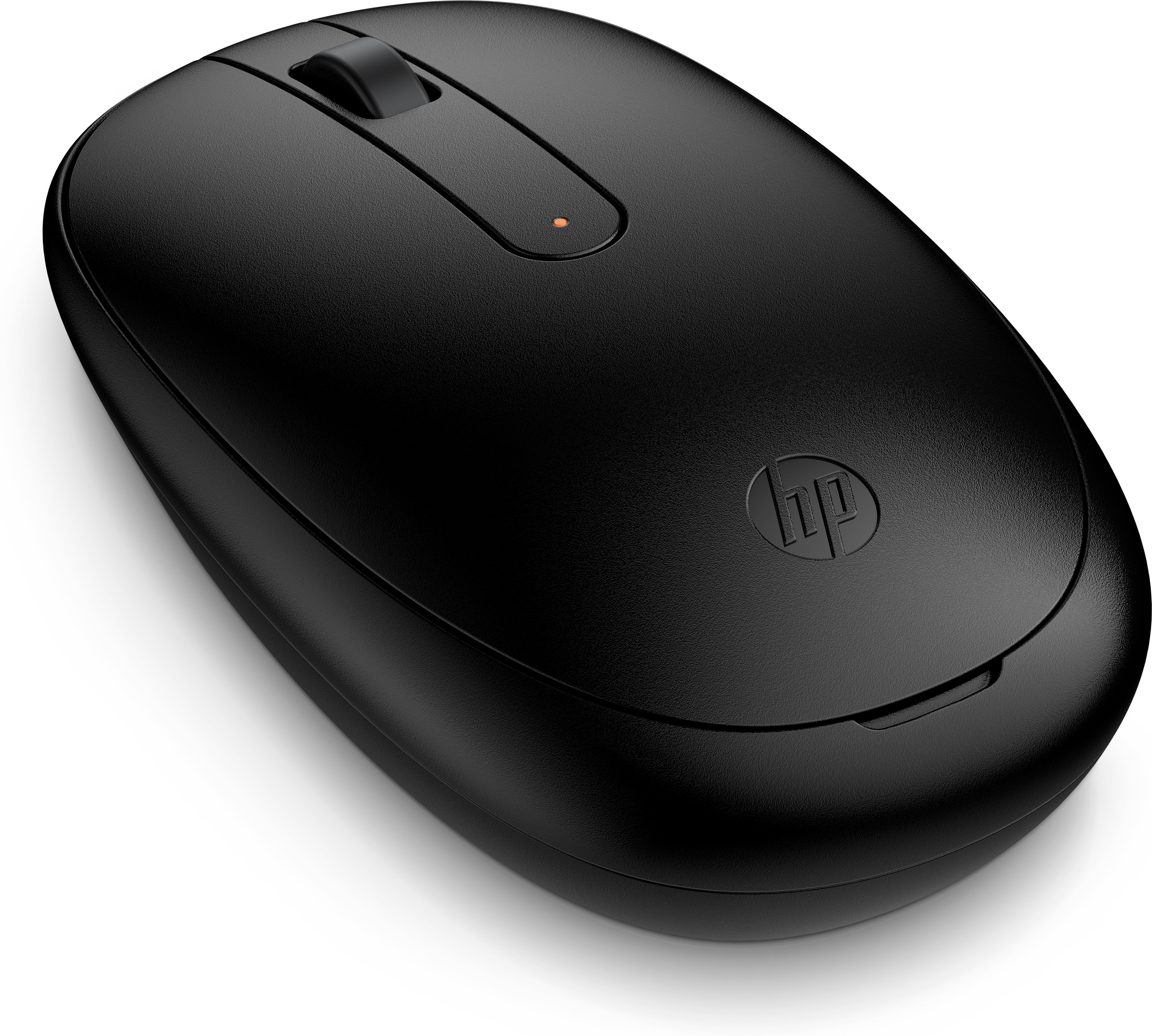 Une souris sans fil HP noire avec molette de défilement et logo HP, vue de dessus.