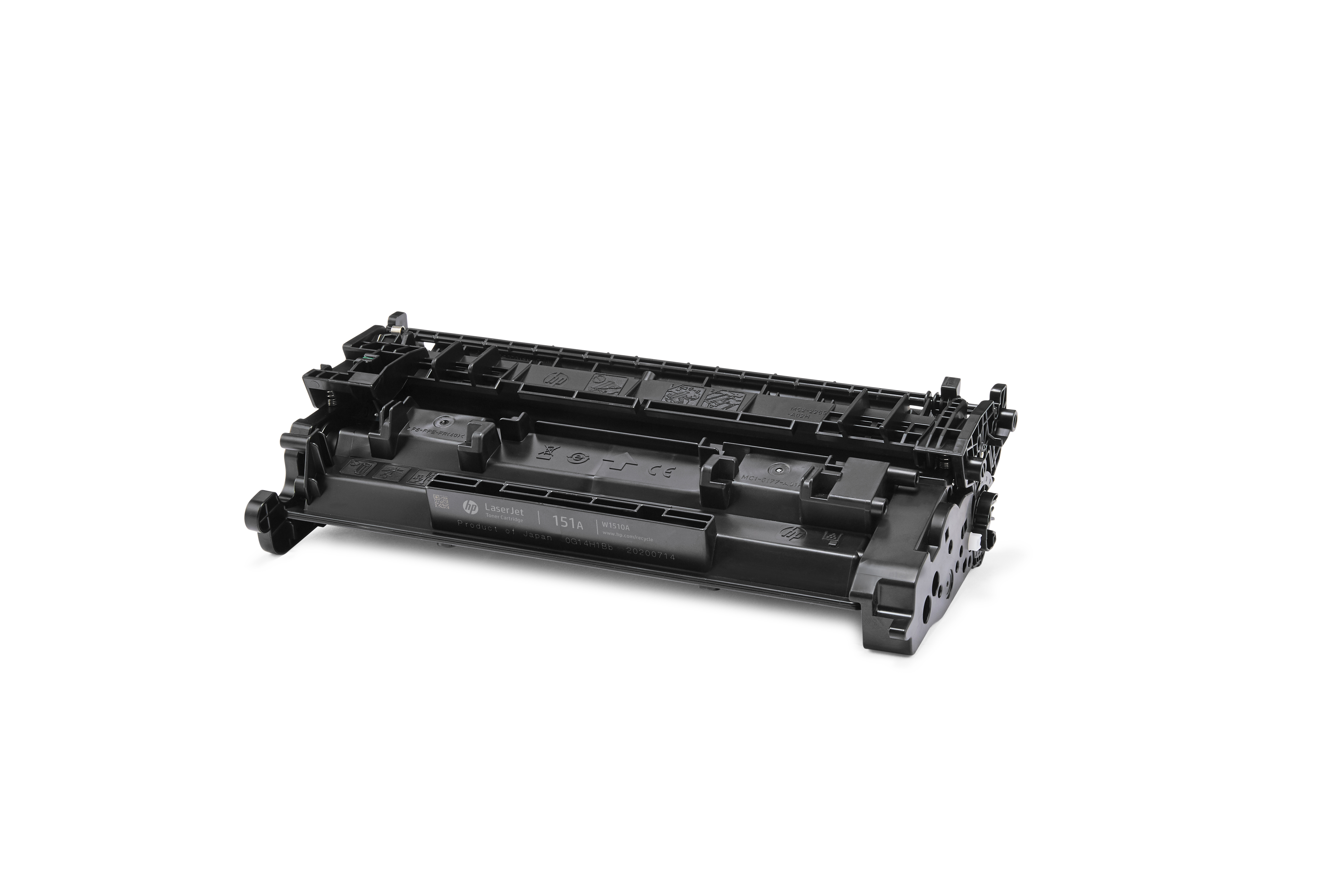 Siyah bir yazıcı toner kartuşu. Çeşitli iç bileşenleri görülebilen dikdörtgen bir şekle sahip.