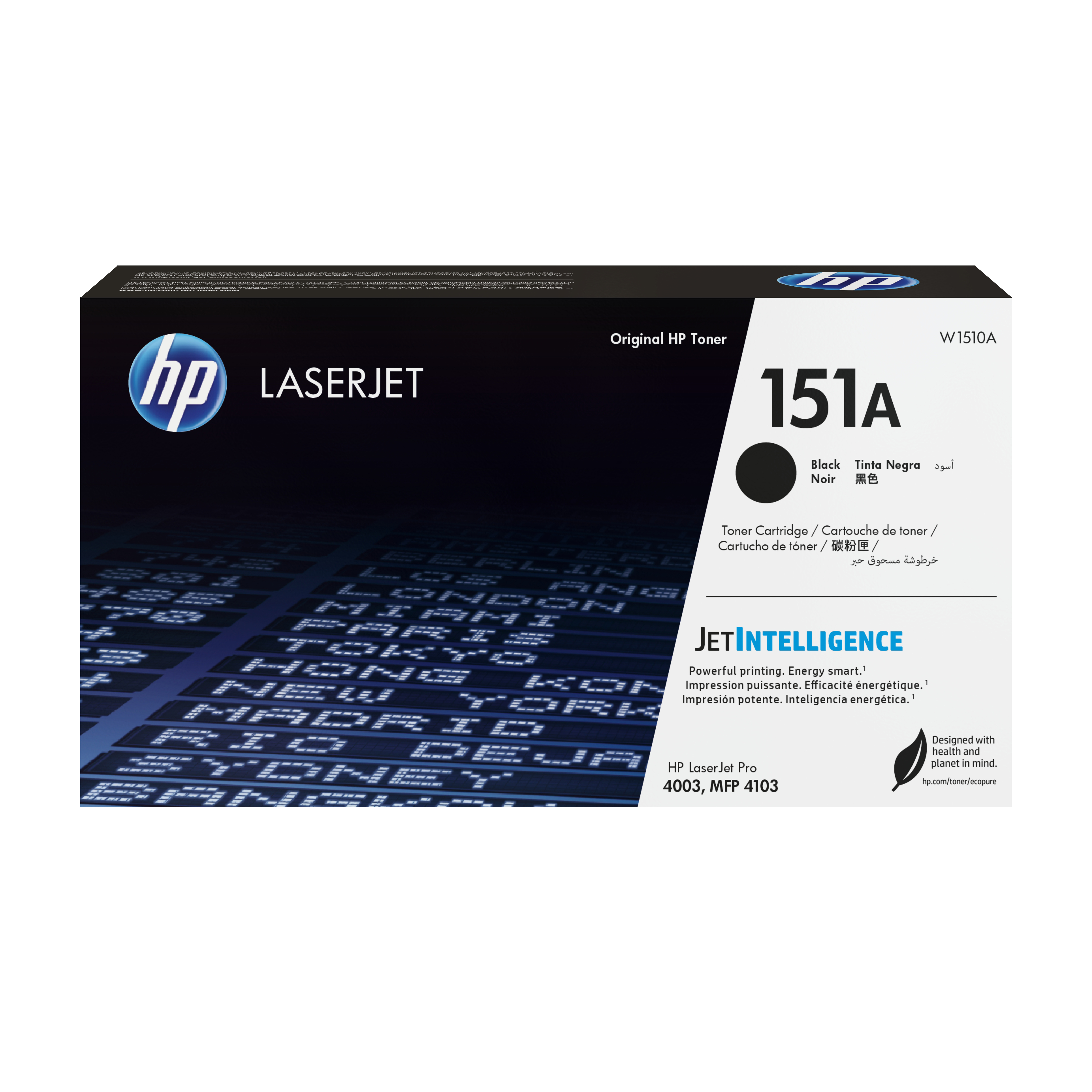 Siyah HP 151A toner kartuşu kutusu. Şehir manzarası üzerinde metin. Ürün detayları ve HP logosu görünür.
