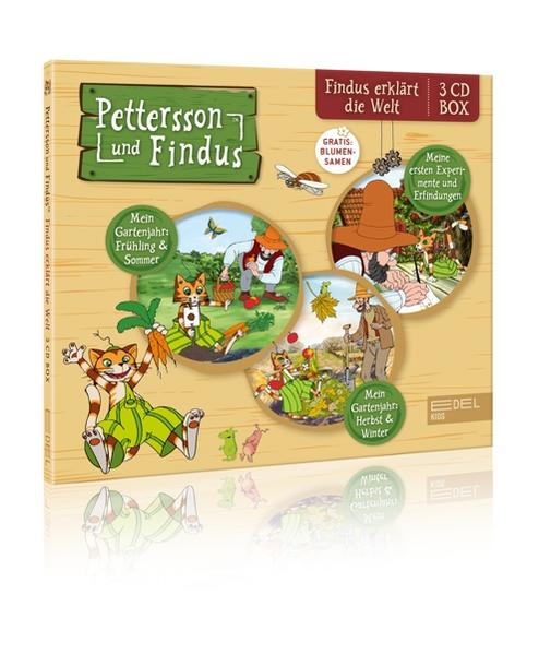 Pettersson und Findus 3 CD Box mit Illustrationen von Katzen und Mäusen in Gartenszenen.