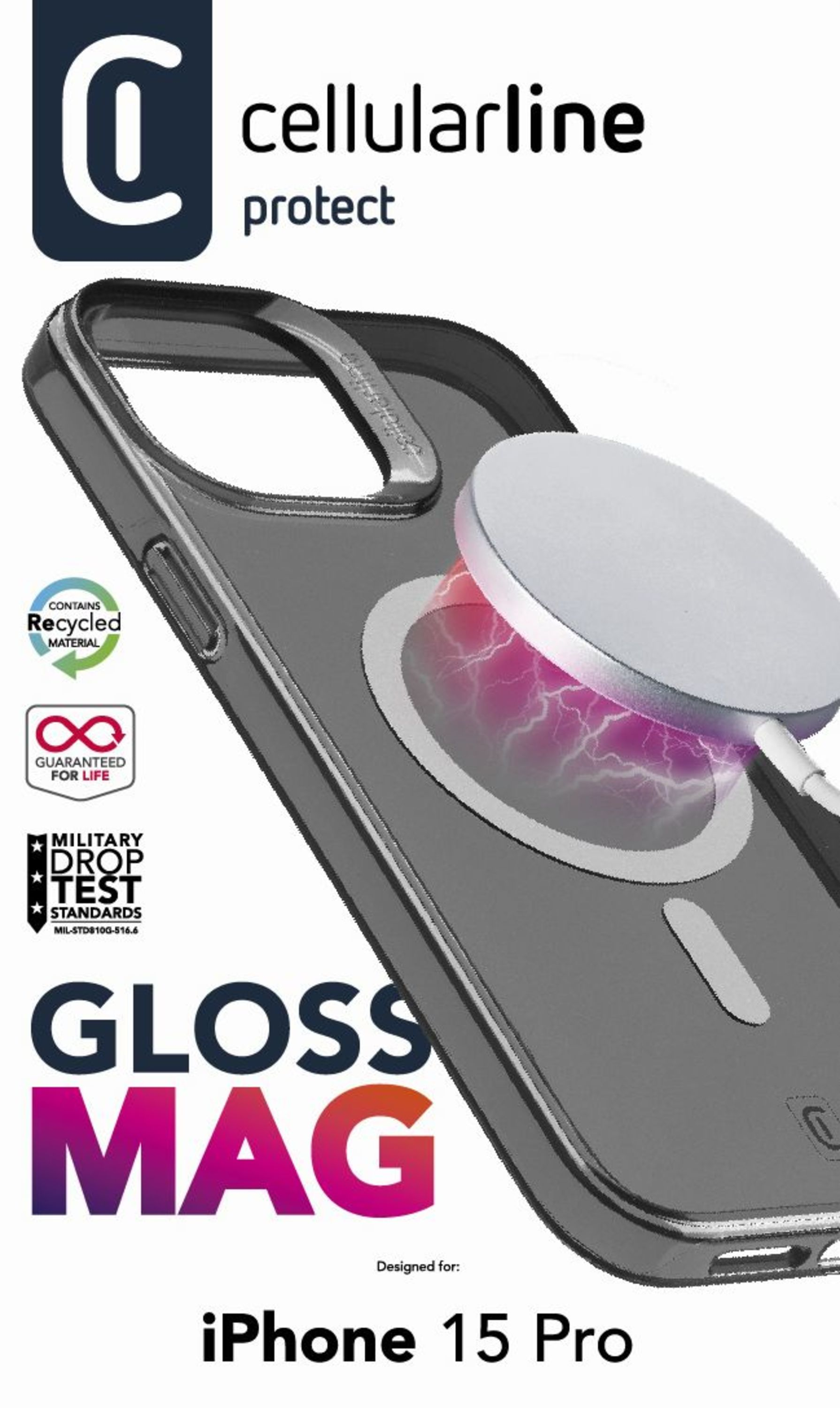 Manyetik şarj cihazlı iPhone 15 Pro kılıfı. Gri renkte ve koruyucu bir tasarıma sahip.
