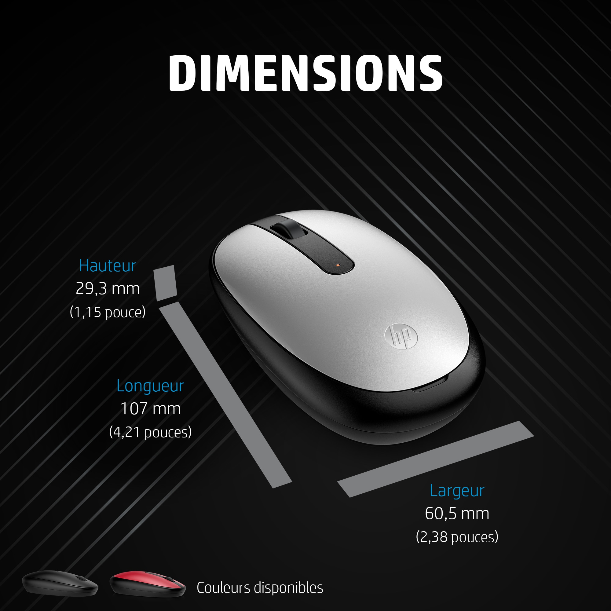 Souris blanche et argentée avec dimensions. Dimensions : hauteur 29,3 mm, longueur 107 mm, largeur 60,5 mm.