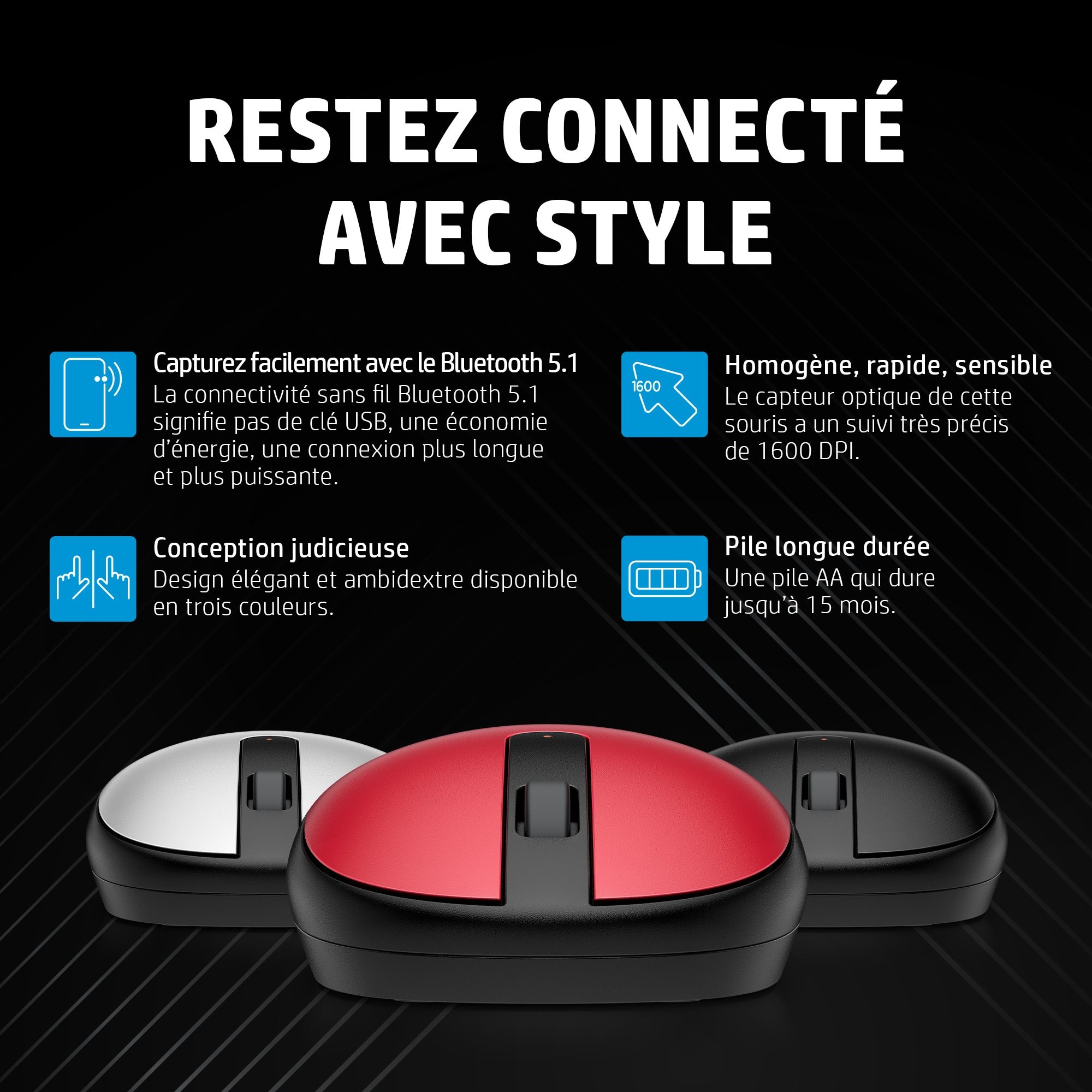 Trois souris sans fil : blanche, rouge et noire. L'image contient du texte sur le Bluetooth et l'autonomie de la batterie.