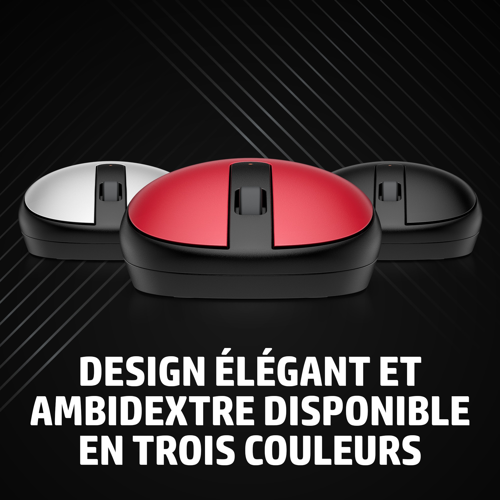 Trois souris d'ordinateur en rouge, blanc et noir, avec le texte 'DESIGN ÉLÉGANT ET AMBIDEXTRE DISPONIBLE EN TROIS COULEURS'.