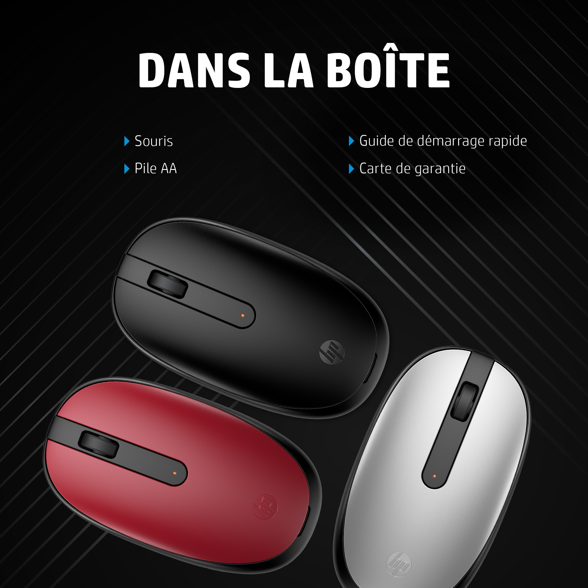 Trois souris HP en noir, rouge et argent avec un fond noir et du texte.