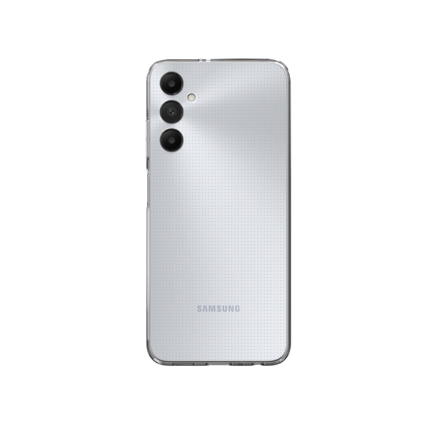 Achterkant van een lichtgrijze telefoon met drie camera's en een Samsung-logo.