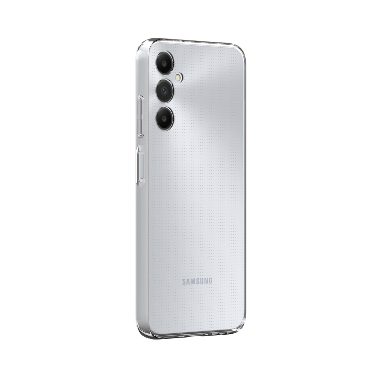 Zilveren smartphone met drie camera's achteraan, Samsung-logo en een transparante hoes.