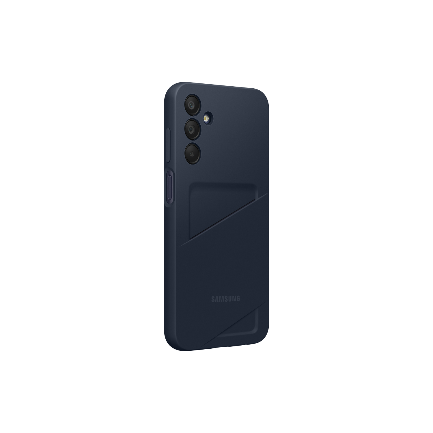 Marineblauwe telefoonhoes met een kaartsleuf op een zwarte achtergrond.