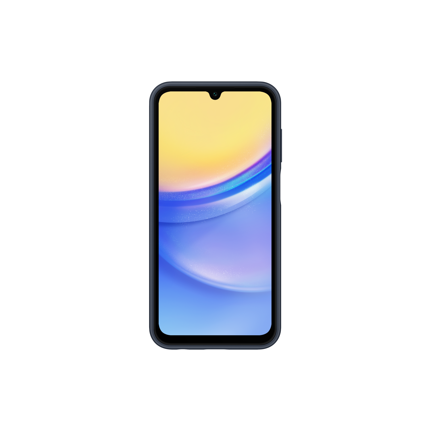Smartphone met een scherm met een blauw-gele gradiënt, in een zwart frame.