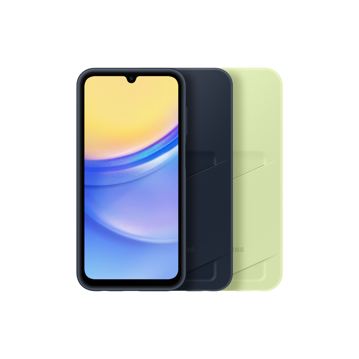 Een smartphone met een scherm dat een kleurrijke achtergrond toont, en twee telefoonhoesjes.