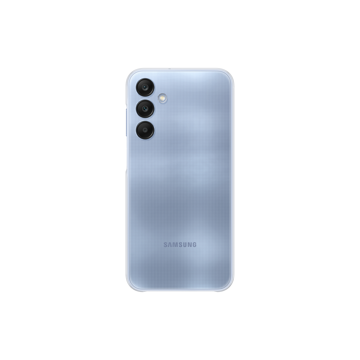 De achterkant van een lichtblauwe smartphone met drie camera's en een flitser op een zwarte achtergrond.