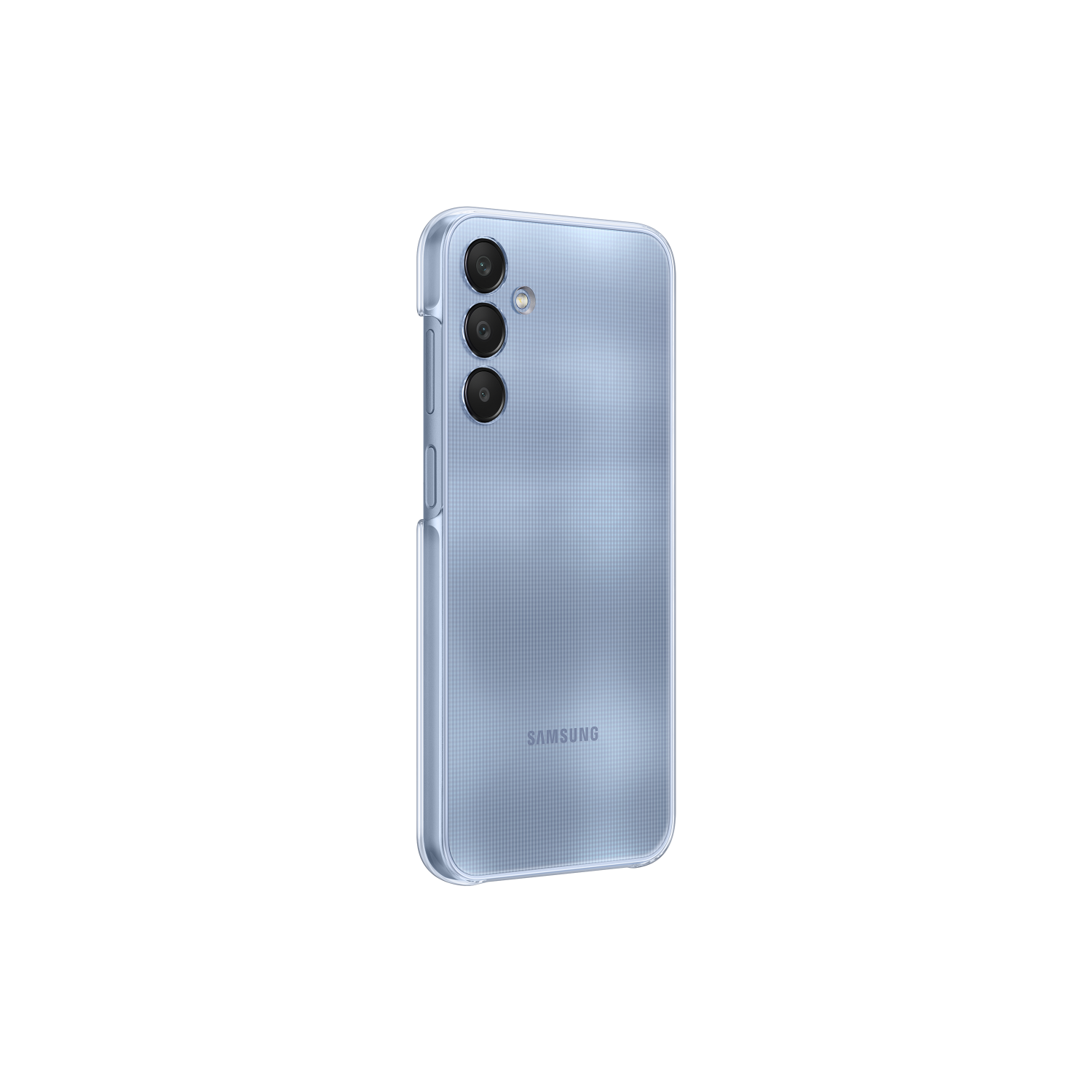 Achterkant van een lichtblauwe Samsung Galaxy A14 telefoon. Het heeft drie camera's en een glad, glanzend oppervlak.