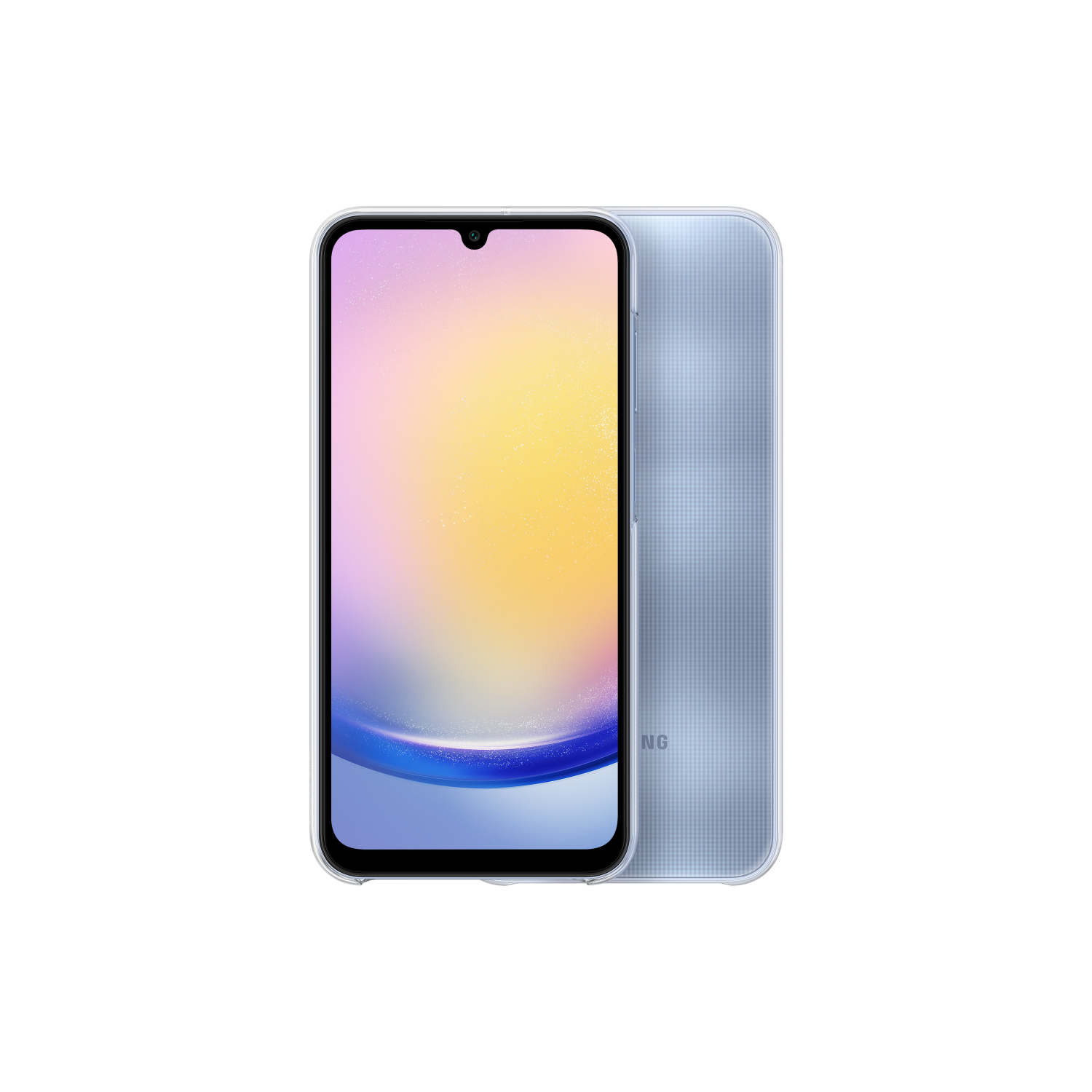 Samsung telefoon, achteraanzicht, lichtblauwe kleur.