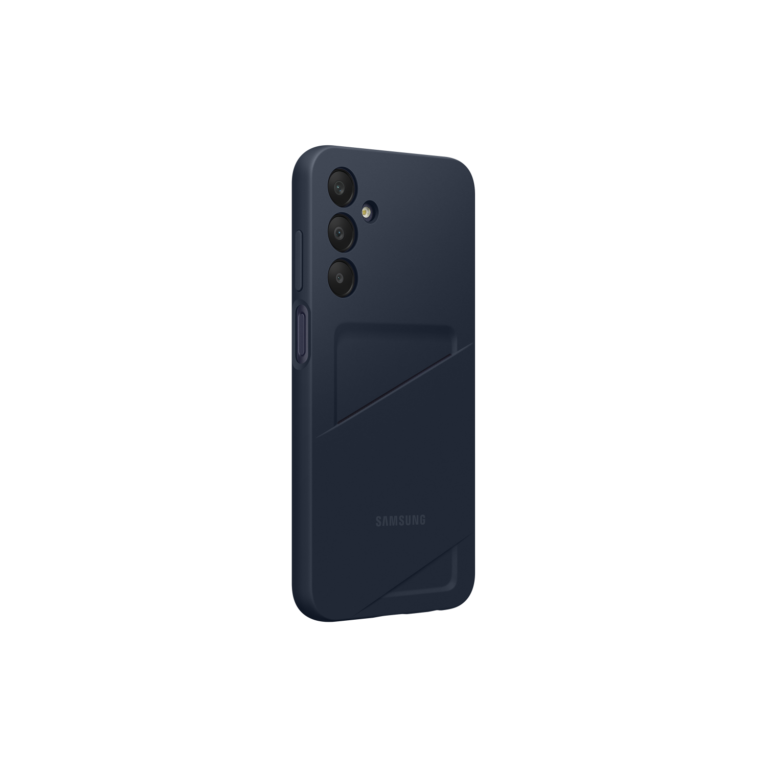 Een donkerblauwe telefoonhoes met een vakje voor kaarten, op een zwarte achtergrond, geïsoleerd en goed verlicht.
