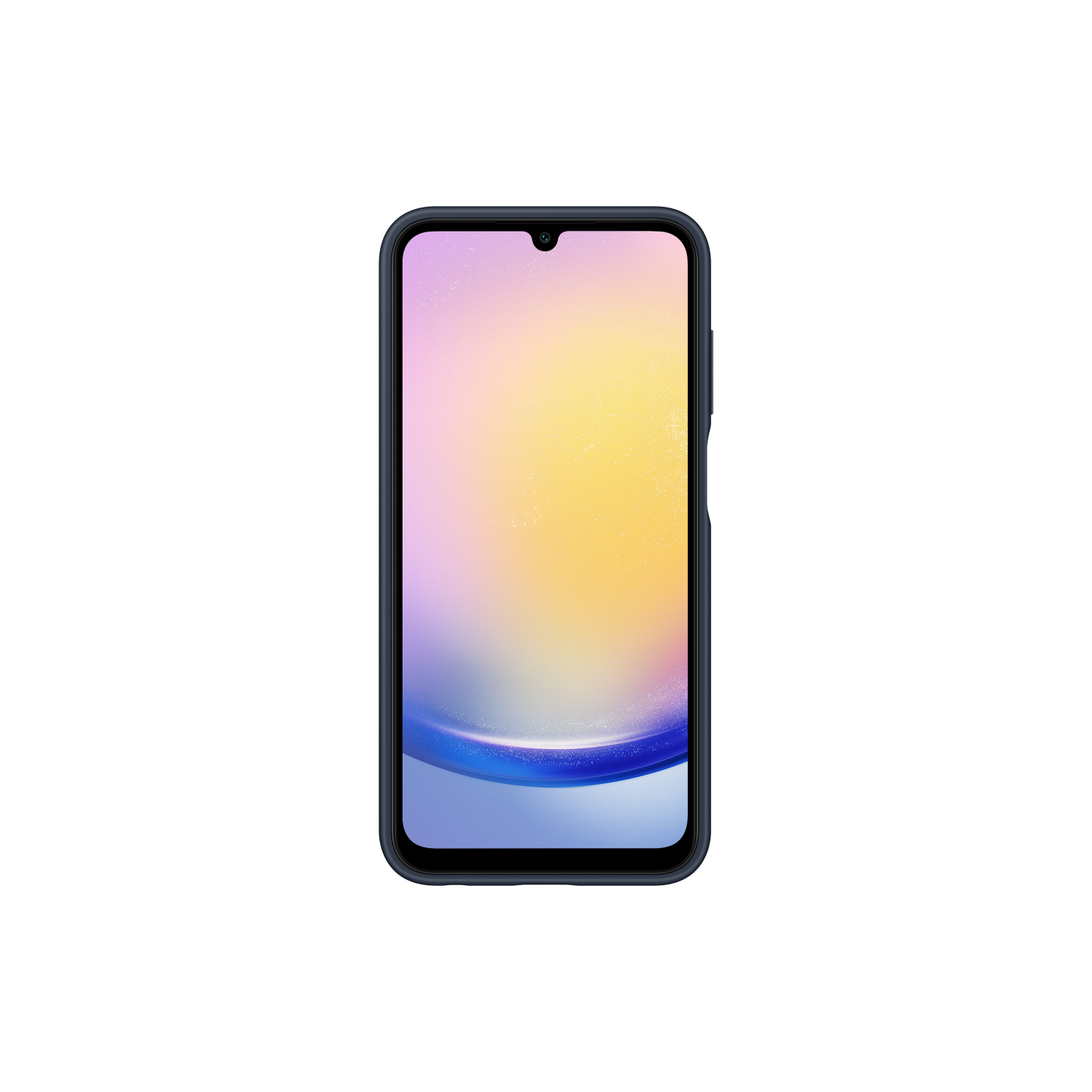 Een zwarte smartphone met een levendig scherm, tegen een donkere achtergrond.