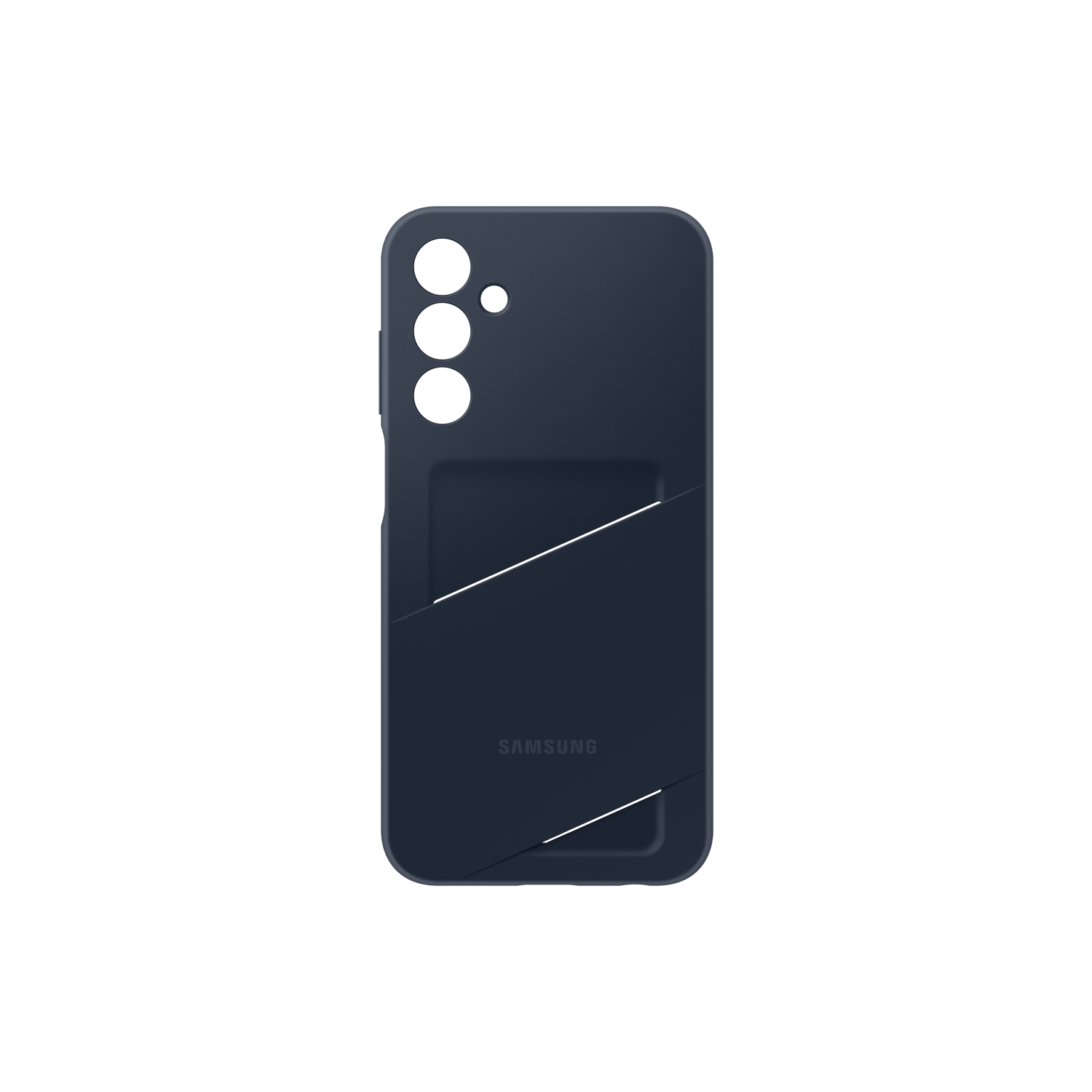 Een donkerblauwe telefoonhoes met een kaartsleuf op een zwarte achtergrond.