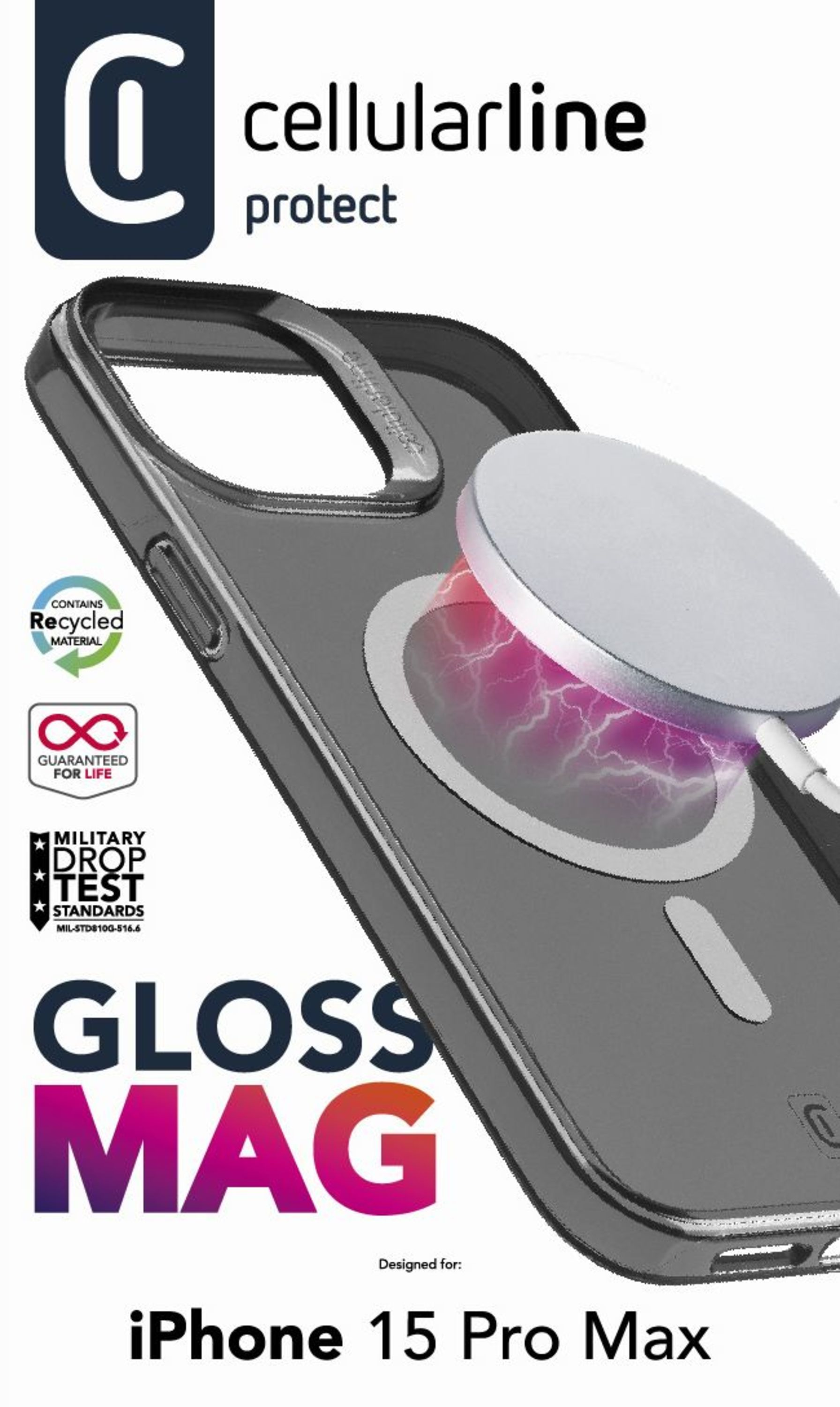 MagSafe halkalı siyah telefon kılıfı. Metin: Gloss Mag. iPhone 15 Pro Max için tasarlandı.