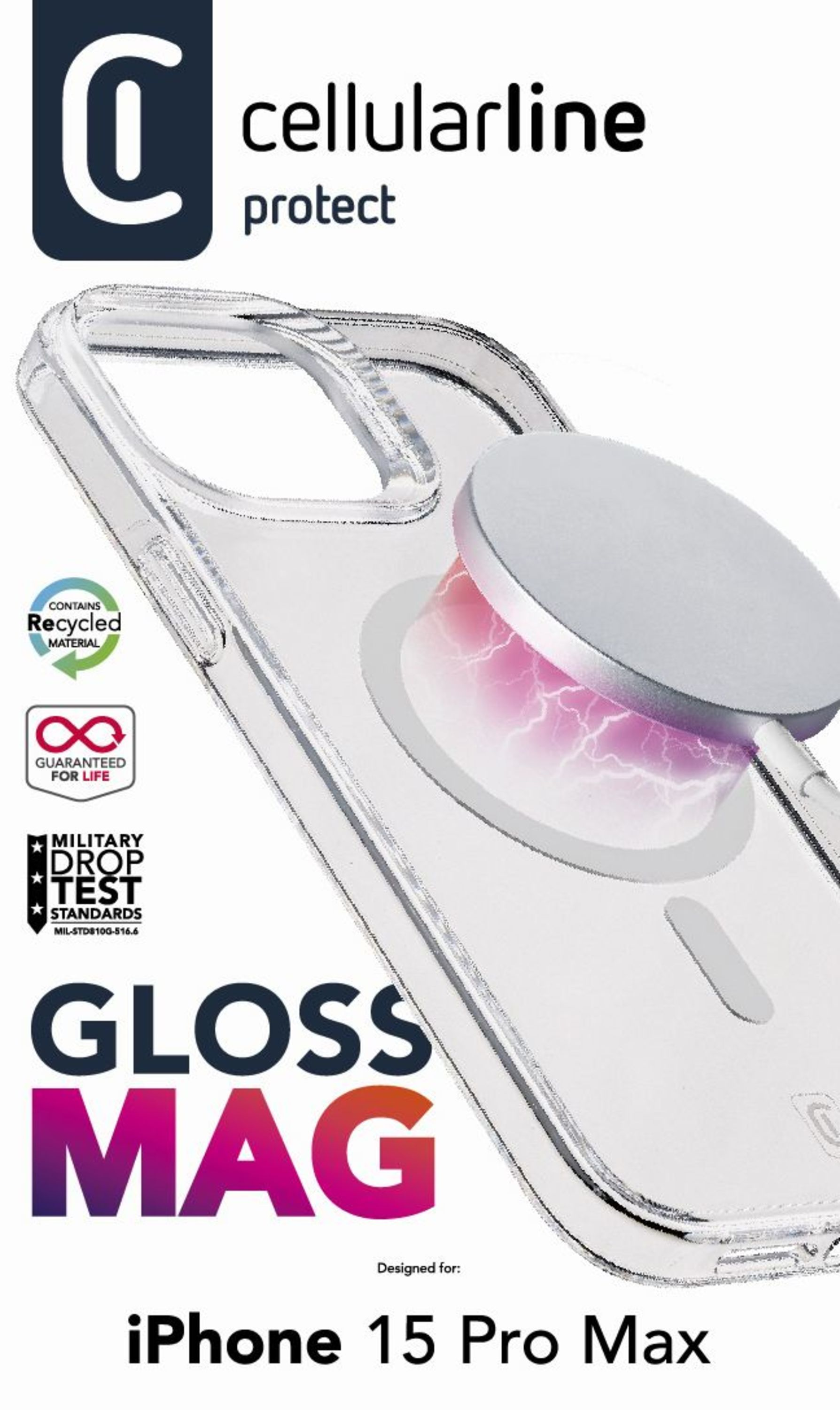 Gümüş MagSafe şarj cihazlı şeffaf iPhone 15 Pro Max kılıfı. 'Gloss Mag' ve 'iPhone 15 Pro Max' yazılı metin.