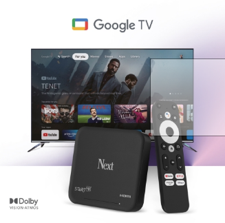 Bir Google TV kurulumu: bir menü gösteren TV, siyah bir Next medya oynatıcı ve bir uzaktan kumanda.