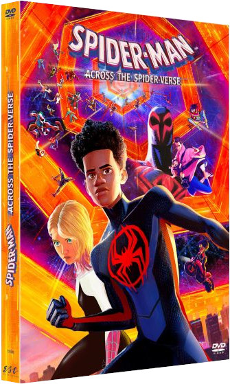Pochette du DVD Spider-Man: Across the Spider-Verse. Personnages animés, design coloré.