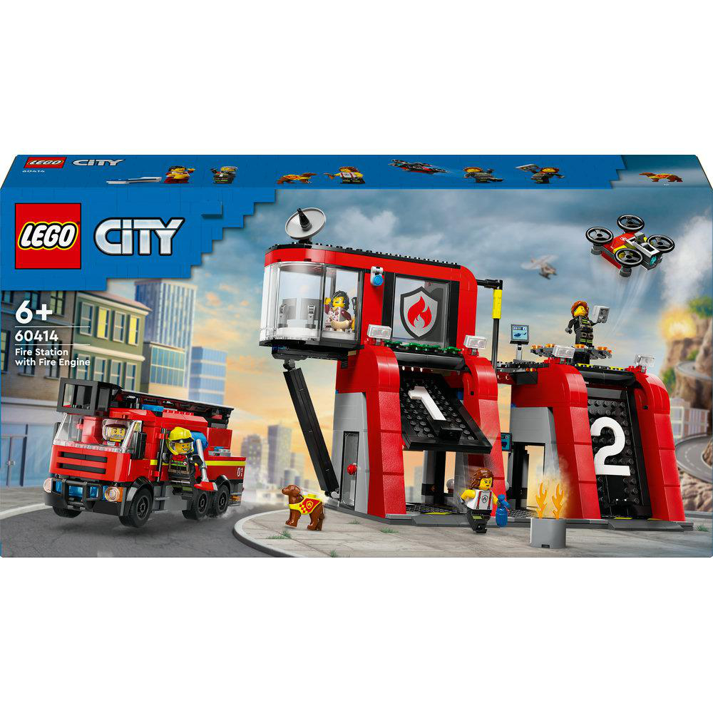 Lego Feuerwehrstation mit Feuerwehrauto und Drohne. Rot und grau.