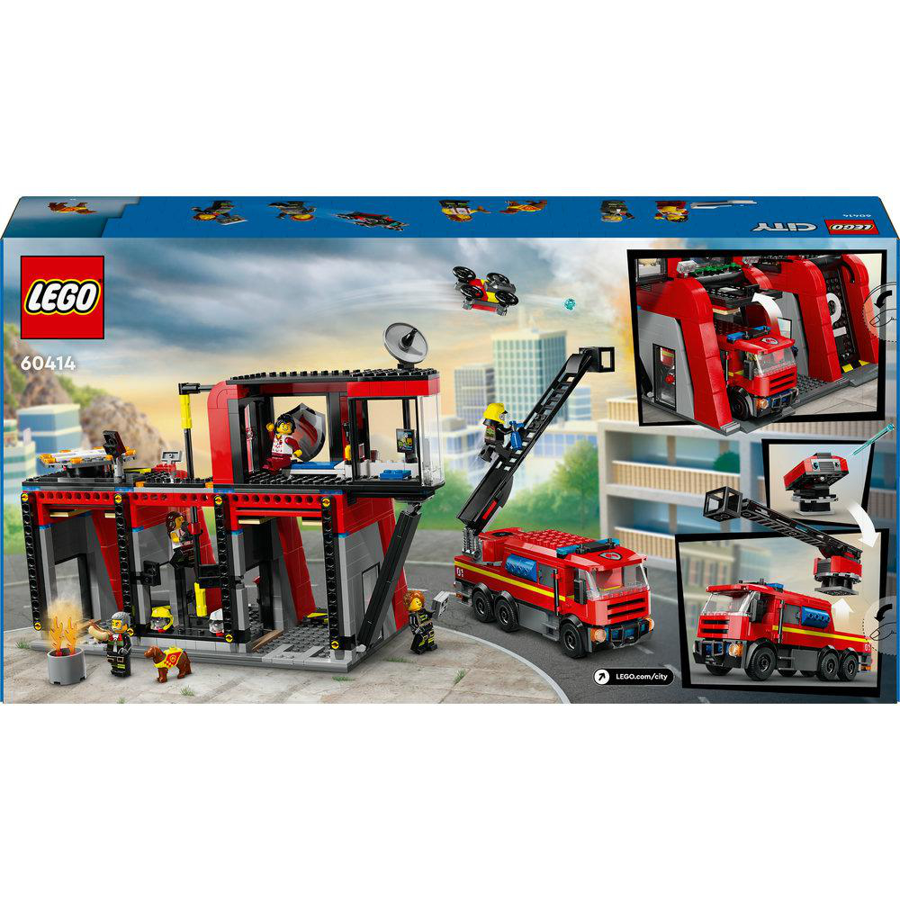 Feuerwache mit rotem Feuerwehrauto, Drohne und Figuren.