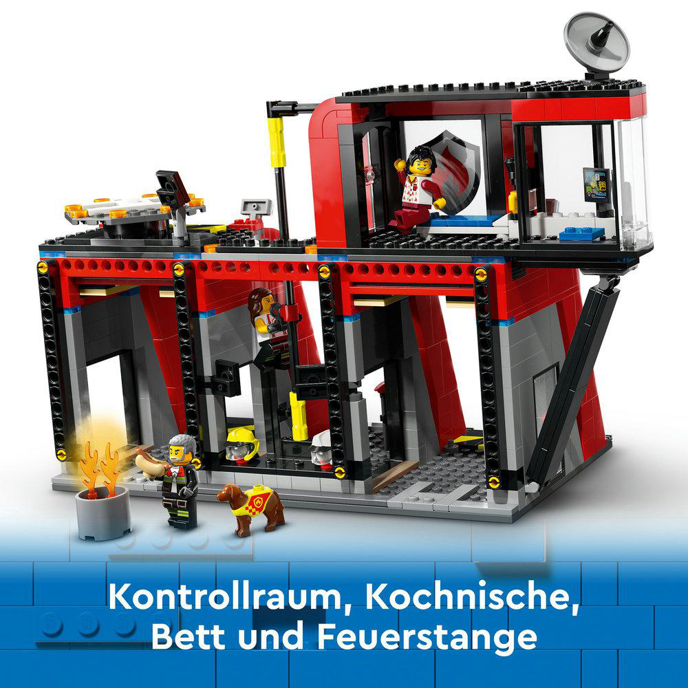 Ein Lego-Feuerwehrhauptquartier mit Figuren und Feuer.
