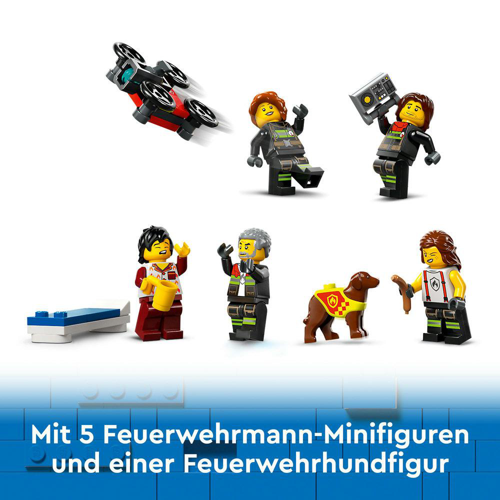 Lego Feuerwehrleute mit Fahrzeug, Hund und Bett.