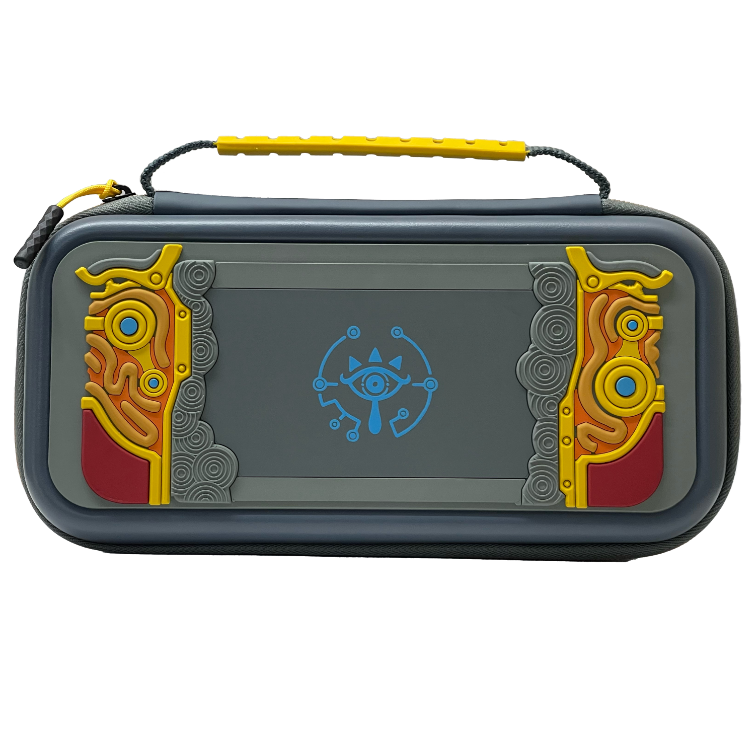A gray and black Nintendo Switch carrying case. The case has a yellow handle and a blue logo.