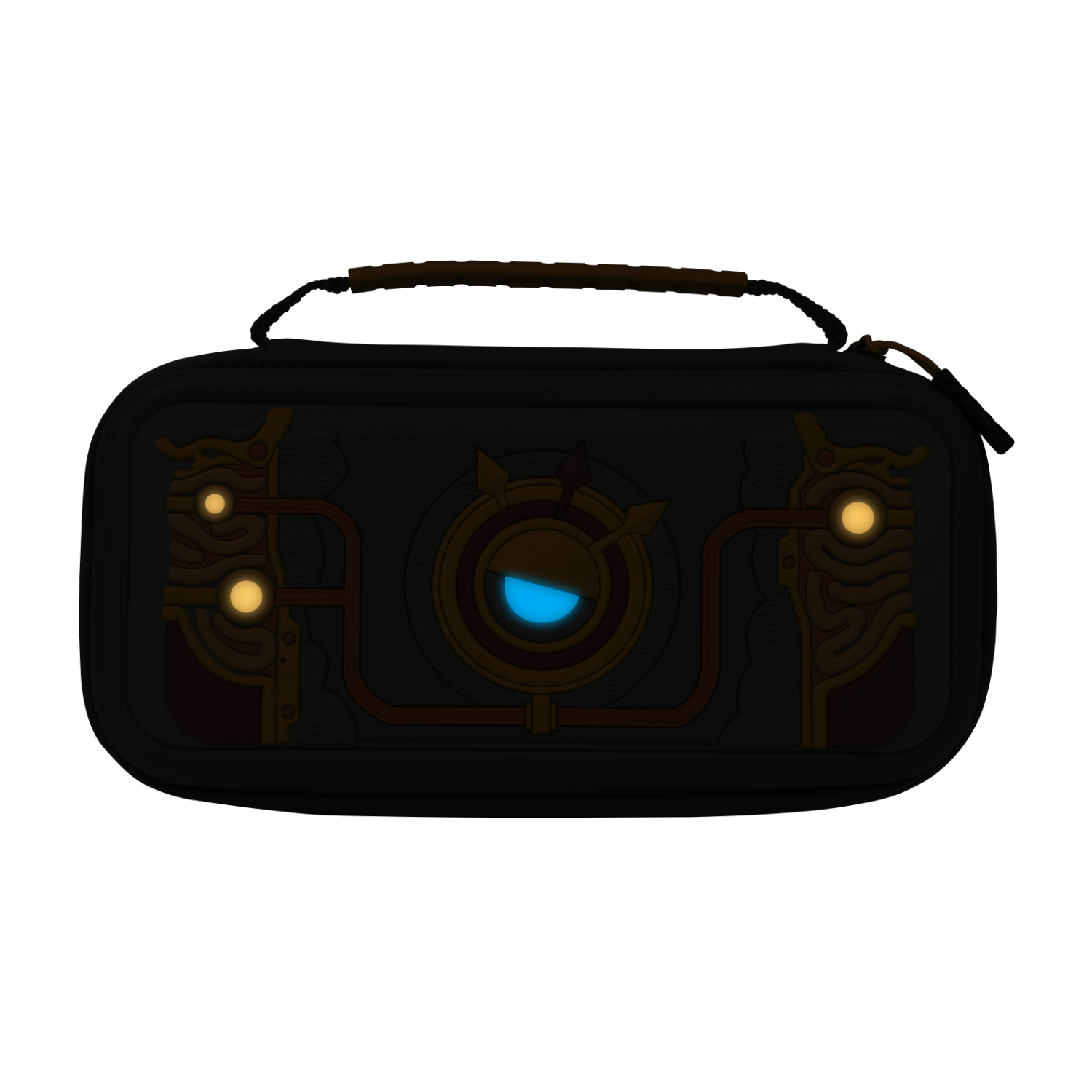 Black carrying case with a blue glowing emblem.