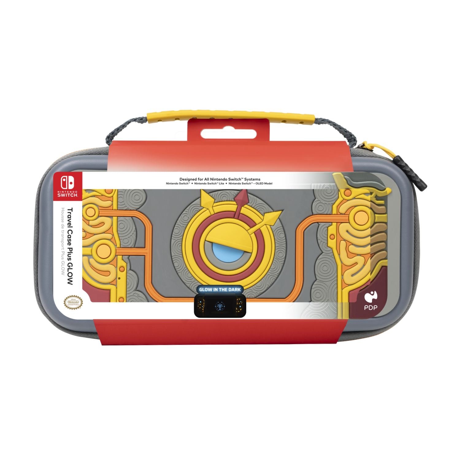 A grey and red Nintendo Switch travel case with a yellow handle and a game cartridge design.