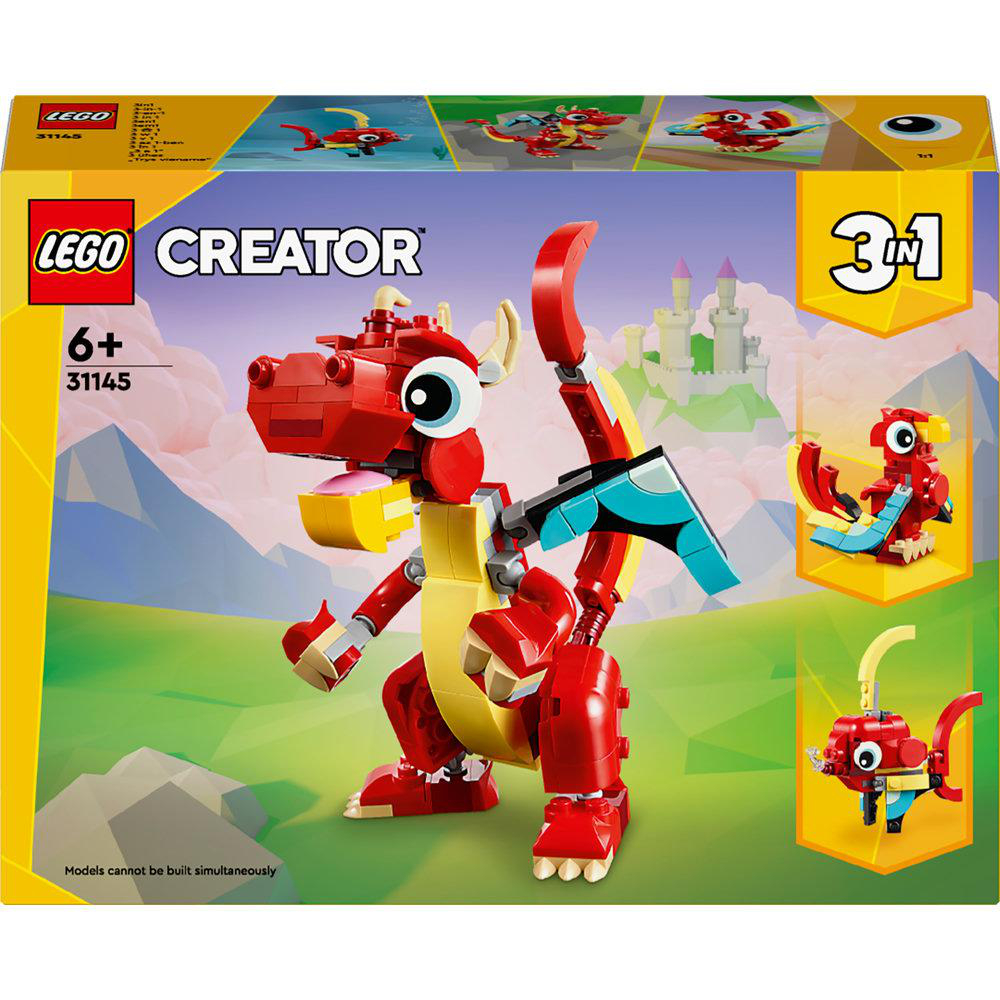 Lego Creator Box-Set. Zeigt einen rot-gelben Drachen und zwei weitere baubare Modelle.