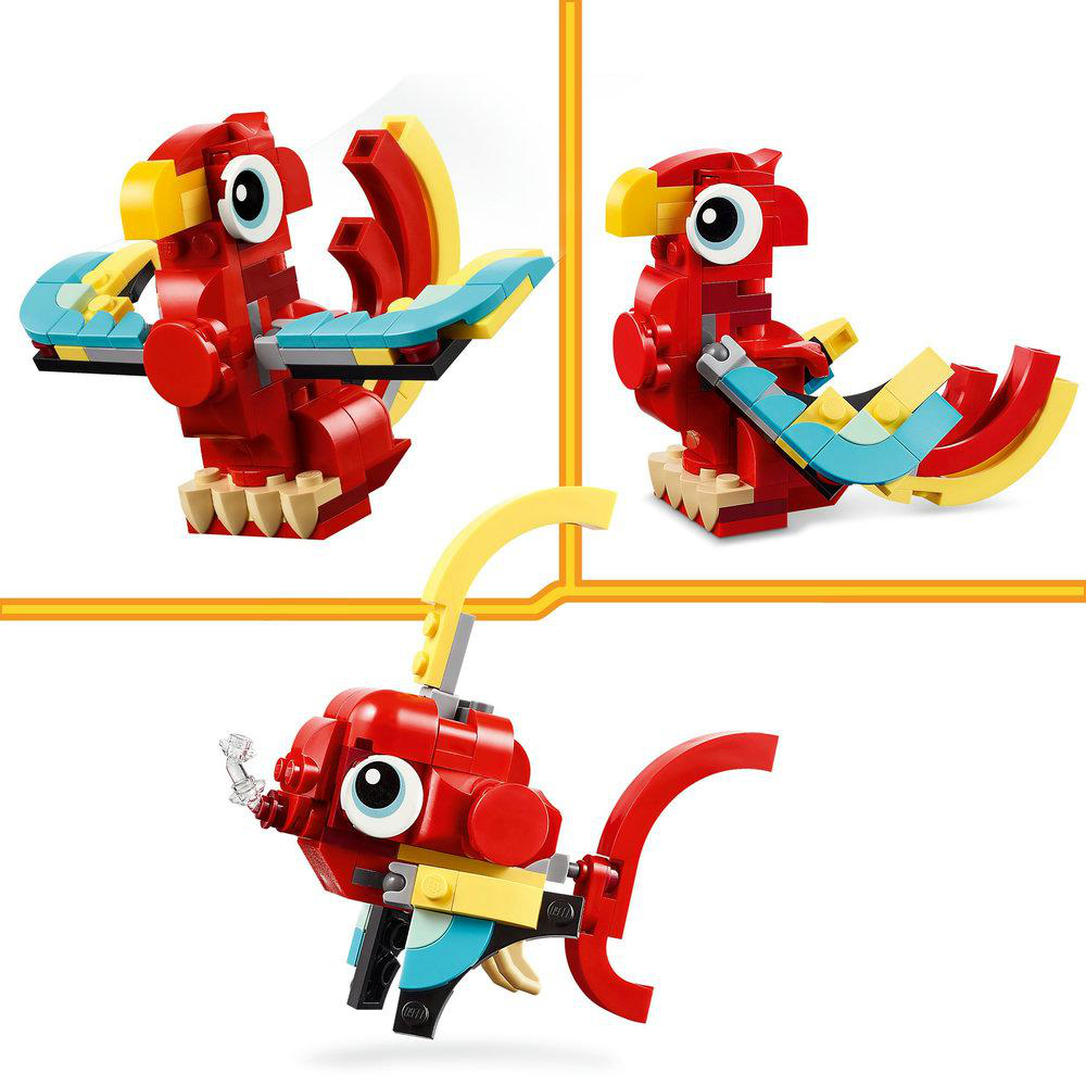 Drei Lego-Vogelfiguren. Eine ist ein Vogel, eine ein Fisch, und eine ist halb gebaut.