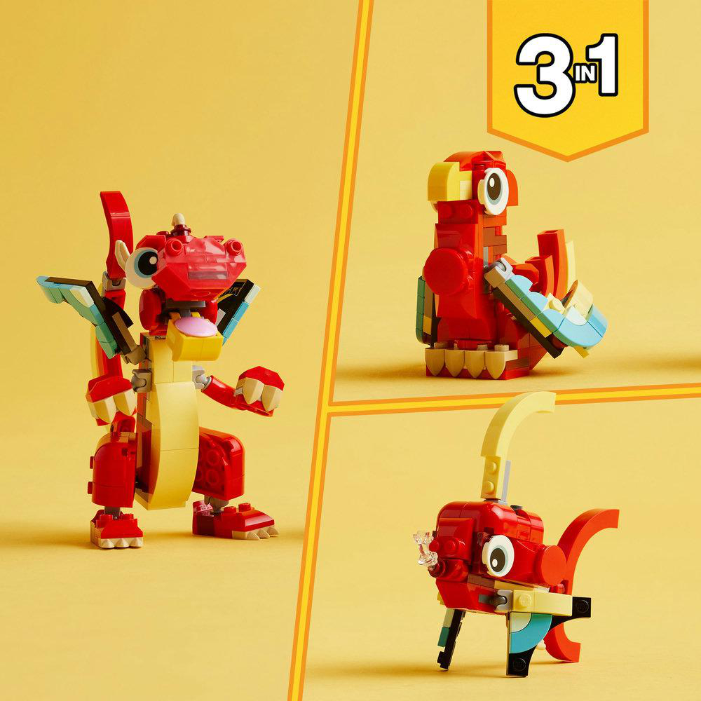 Drei Lego-Drachenfiguren in verschiedenen Posen. Das Set zeigt rot-blaue Drachen.