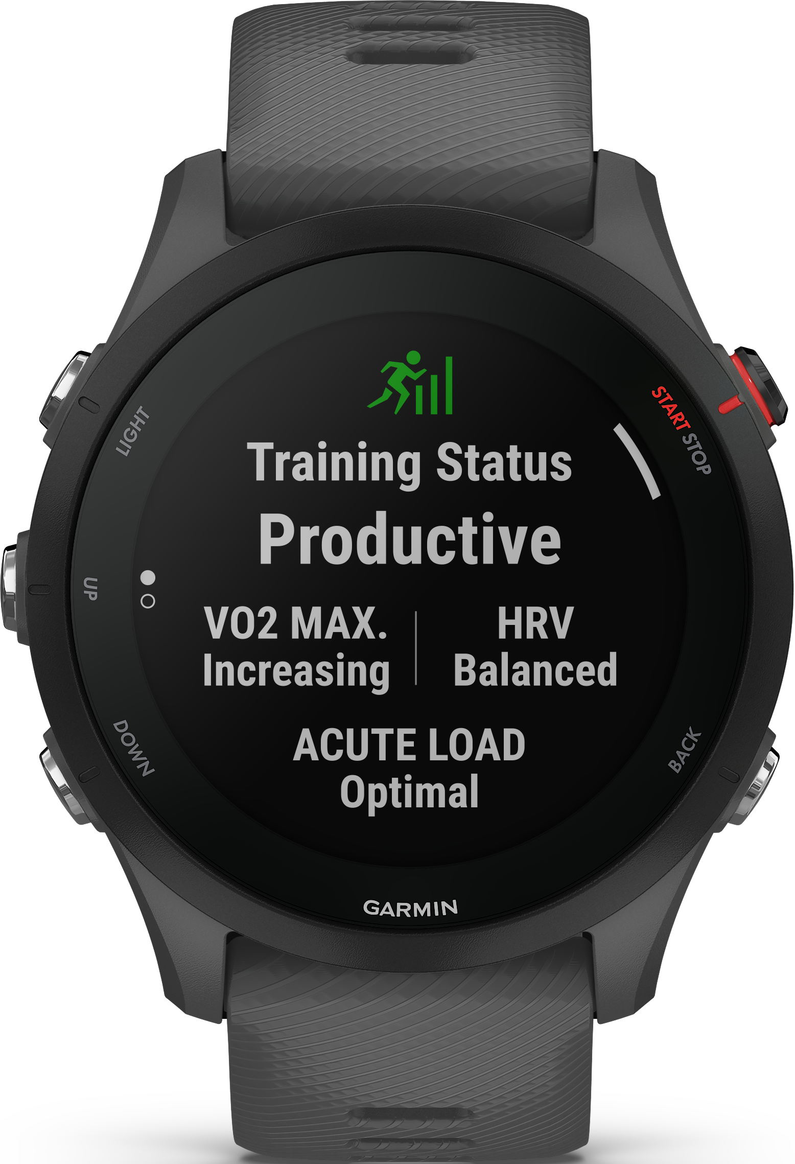 Une montre Garmin noire avec un écran affichant l'état de l'entraînement et d'autres mesures.