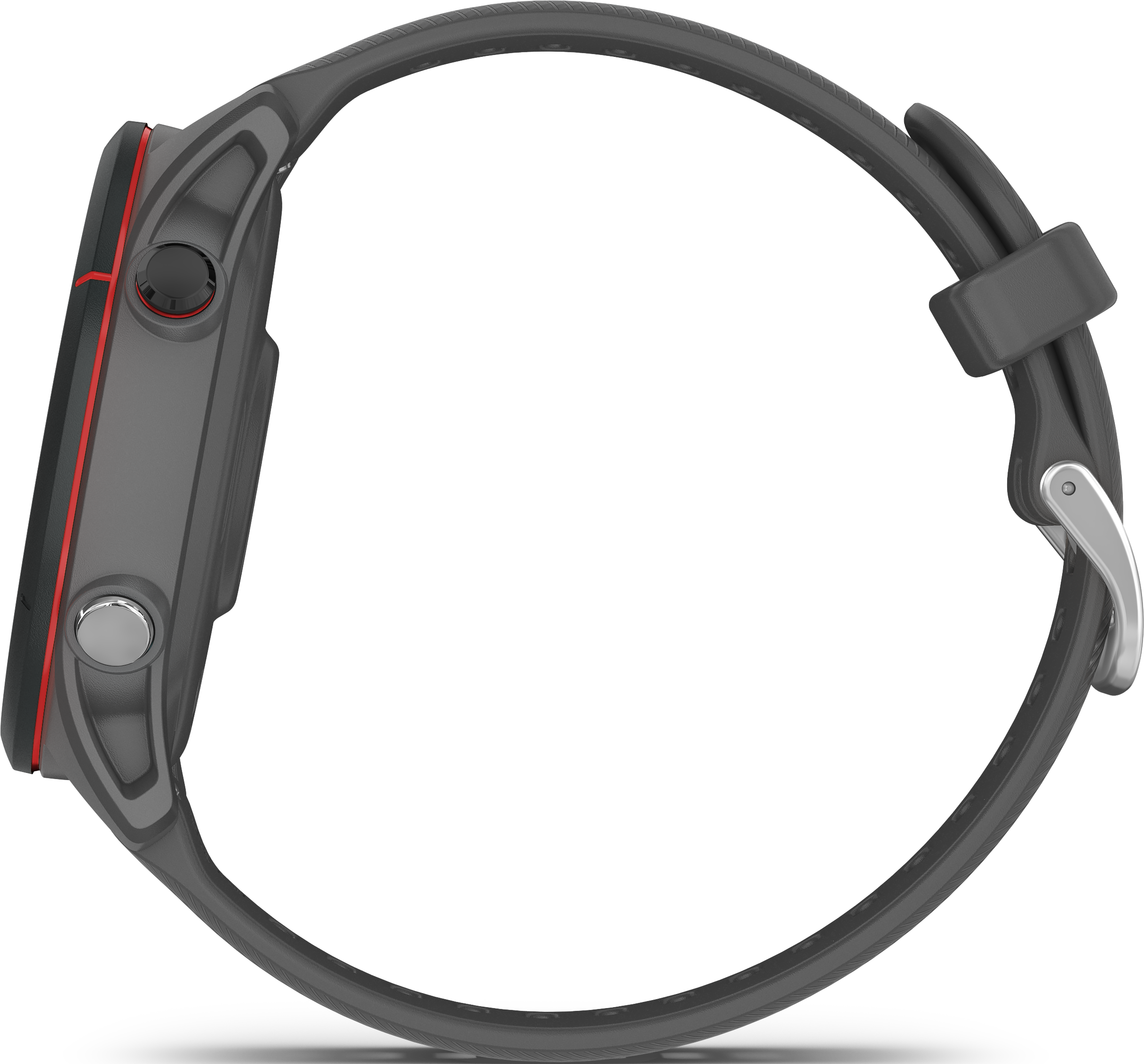 Vue latérale d'une montre de fitness grise avec un bracelet noir. La montre a des touches et boutons rouges.