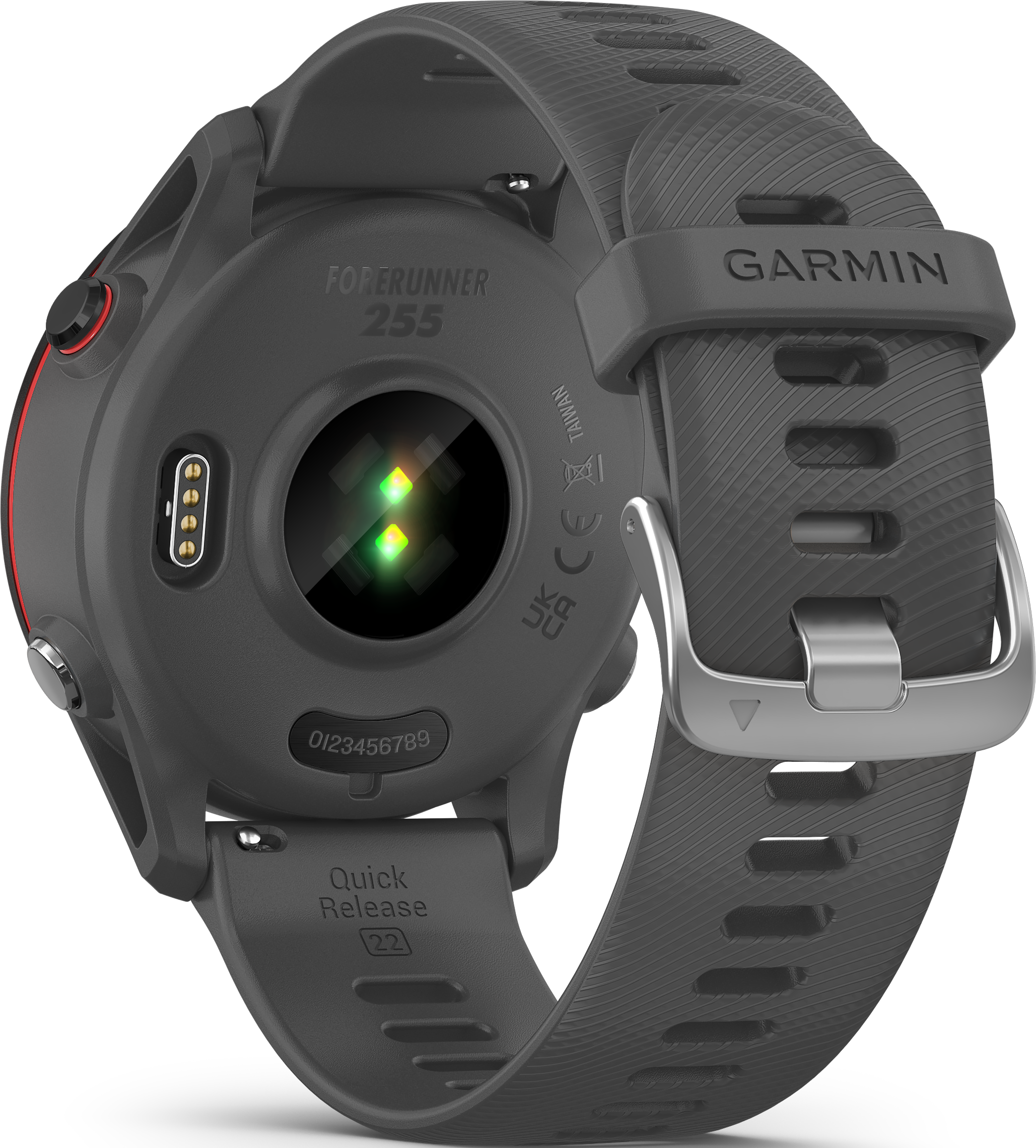 Vue arrière d'une smartwatch grise Garmin Forerunner 255 avec capteur de fréquence cardiaque et bracelet à dégagement rapide.