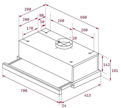 Vista isométrica de un electrodoméstico con dimensiones y medidas.